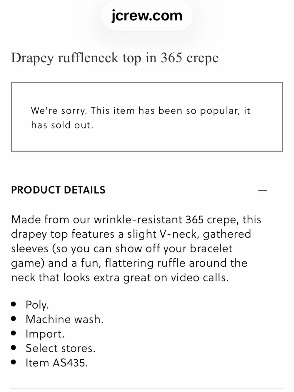 J. Crew EUC Drapey Ruffle Neck Top in 365 crepe in ivory M